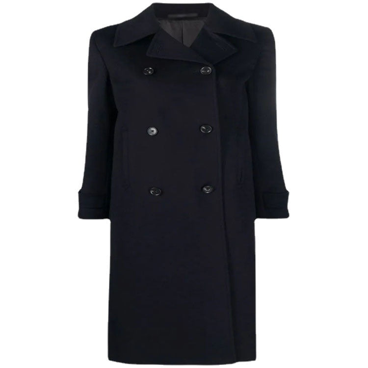 Women's Figure-Hugging Double-Breasted Wool Blend Long Coat with Draped Lapel Mune Fashion