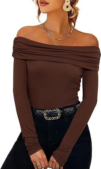 Women's Figure-hugging Off-shoulder Long Sleeve Fine Knit Shirt with Bardot Neckline