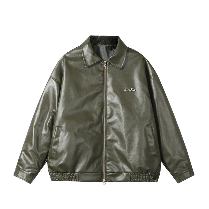 Ladies Oversize Smooth Leather Look Blouson Jacket with Elastic Hem and Metal Logo Mune Fashion