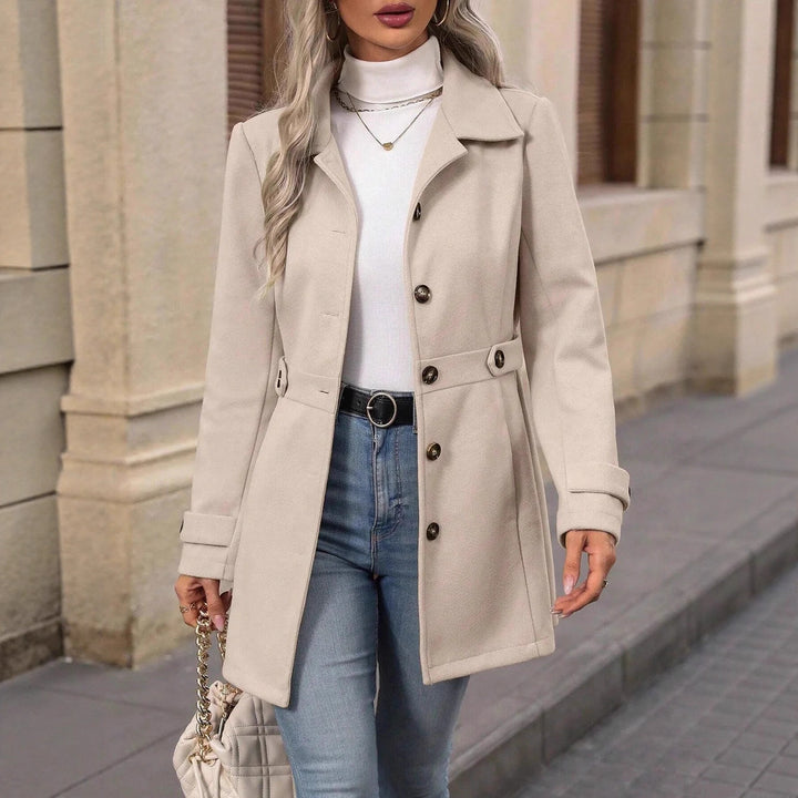 Women's Tailored Short Coat with Button Placket and Decorative Belt Drune