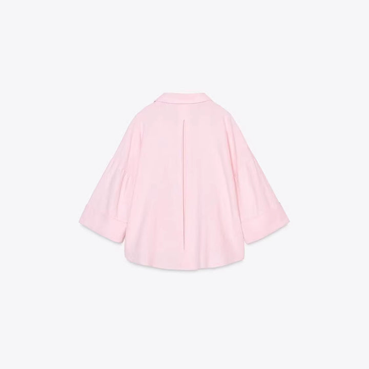 Women Oversize Shirt Blouse with Vertical Stripe Pattern and Extended Back Mune Fashion