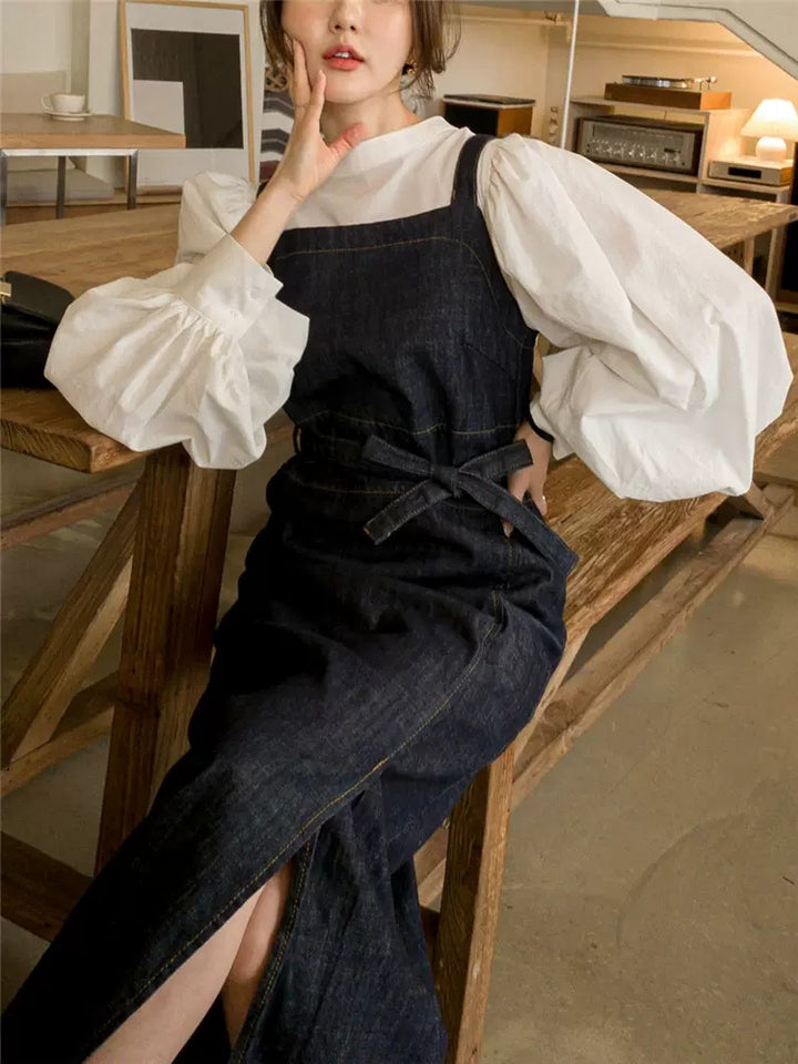 Women's Long Jeans Overall Dress with Square Neckline, Waistband and Front Leg Split Mune Fashion