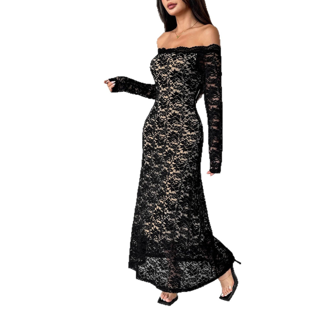 Women's off-the-shoulder lace midi dress with fine floral lace, lined inner layer, and tailored fit Mune Fashion