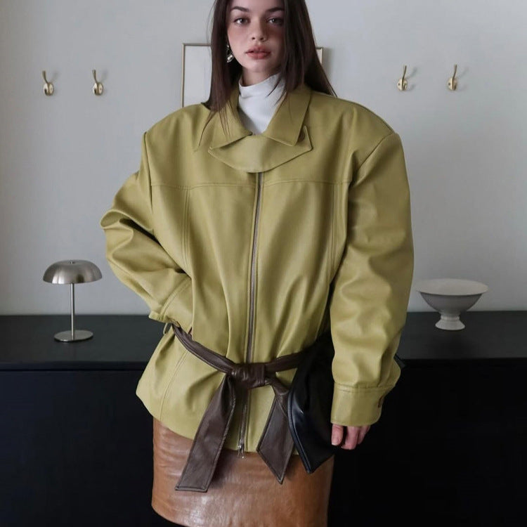 Women's Boxy Faux Leather Jacket with High Stand Collar, Front Zip and Waist Belt Mune Fashion