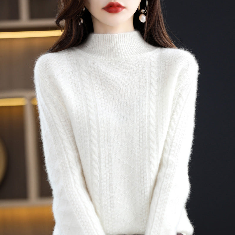 Women's Soft Mohair-Look Mockneck Sweater with Cable Pattern and Fine Ribbed Collar Mune Fashion