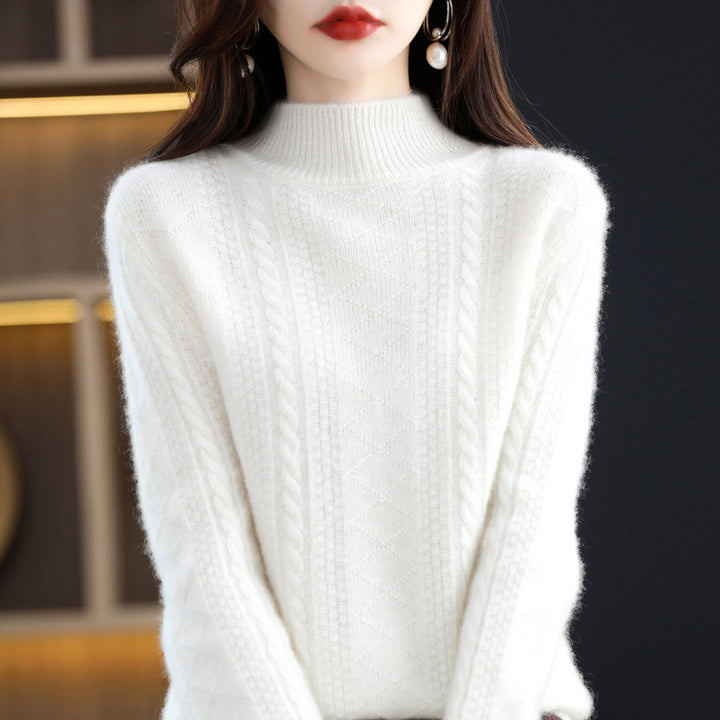 Women's Soft Mohair-Look Mockneck Sweater with Cable Pattern and Fine Ribbed Collar Mune Fashion
