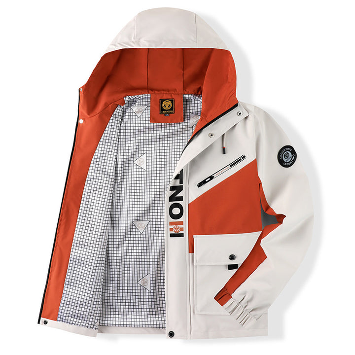 Men's functional hooded jacket in urban outdoor style with wind protection, chest zip pocket, and spacious flap pockets.