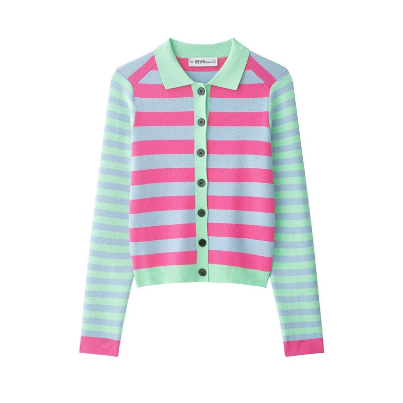 Women's Striped Short Knit Jacket with Polo Collar, Contrasting Button Placket and Ribbed Cuffs Mune Fashion