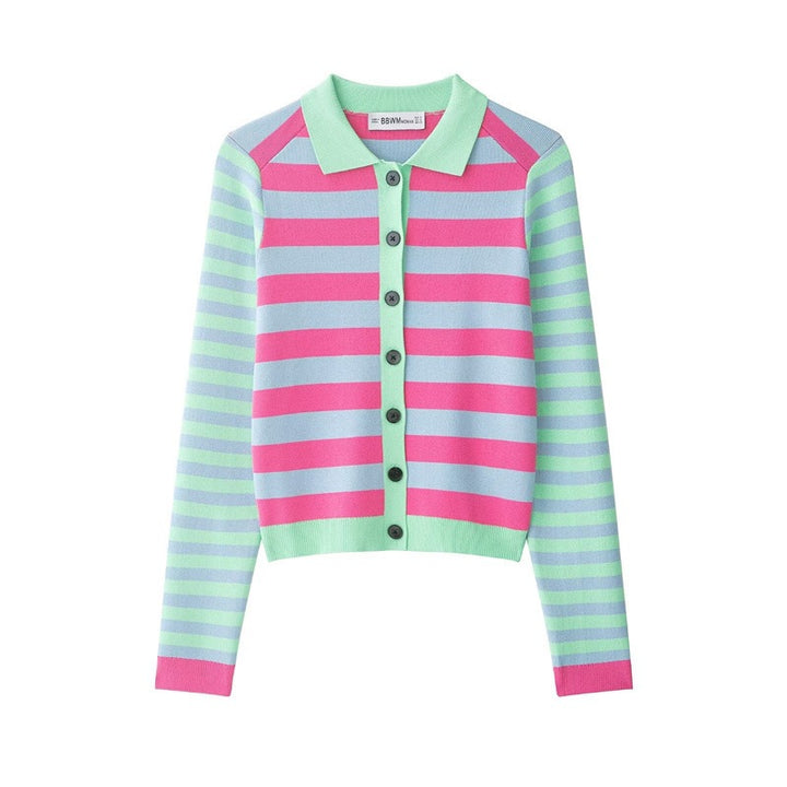 Women's Striped Short Knit Jacket with Polo Collar, Contrasting Button Placket and Ribbed Cuffs Mune Fashion