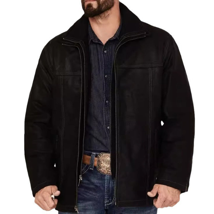 Men's Short Suede Field Jacket with Stand-Up Collar, Concealed Zipper, and Distinctive Decorative Seams Mune Fashion