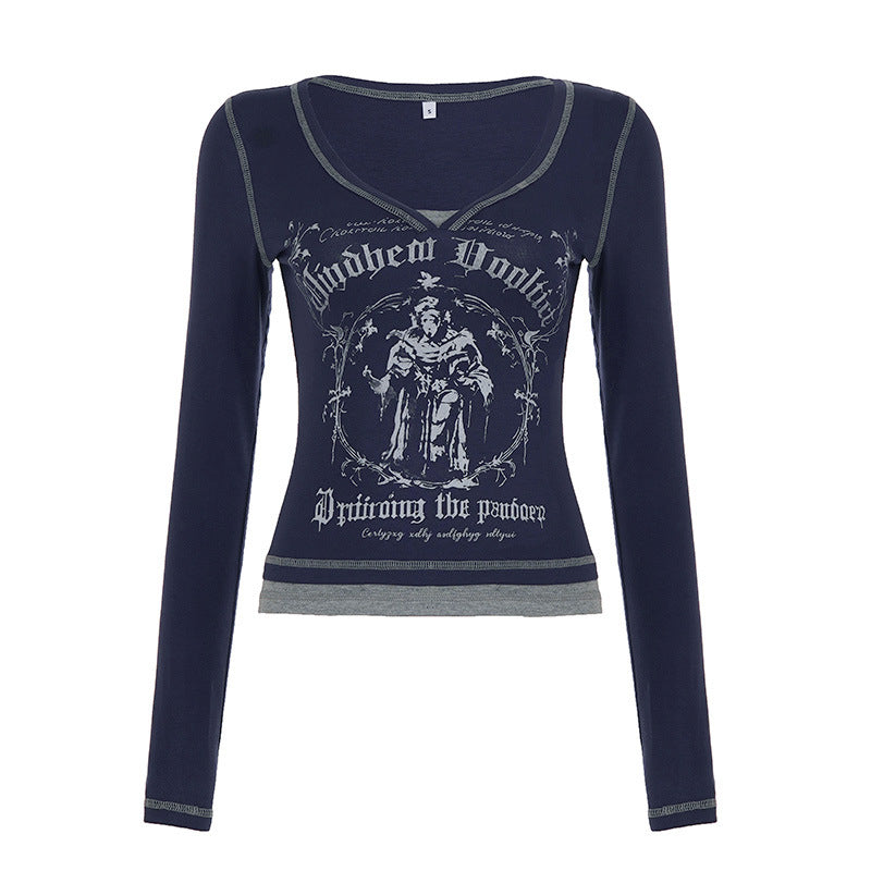 Women Tight Fitted Ribbed Long Sleeve Top with V-Neck, Contrast Stitching and Gothic Print Mune Fashion
