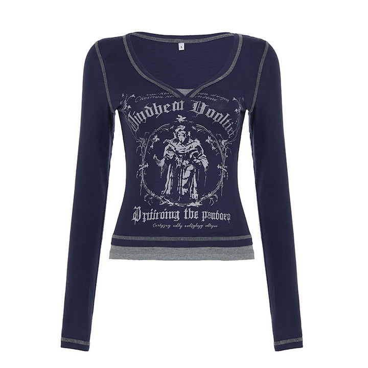 Women Tight Fitted Ribbed Long Sleeve Top with V-Neck, Contrast Stitching and Gothic Print Mune Fashion