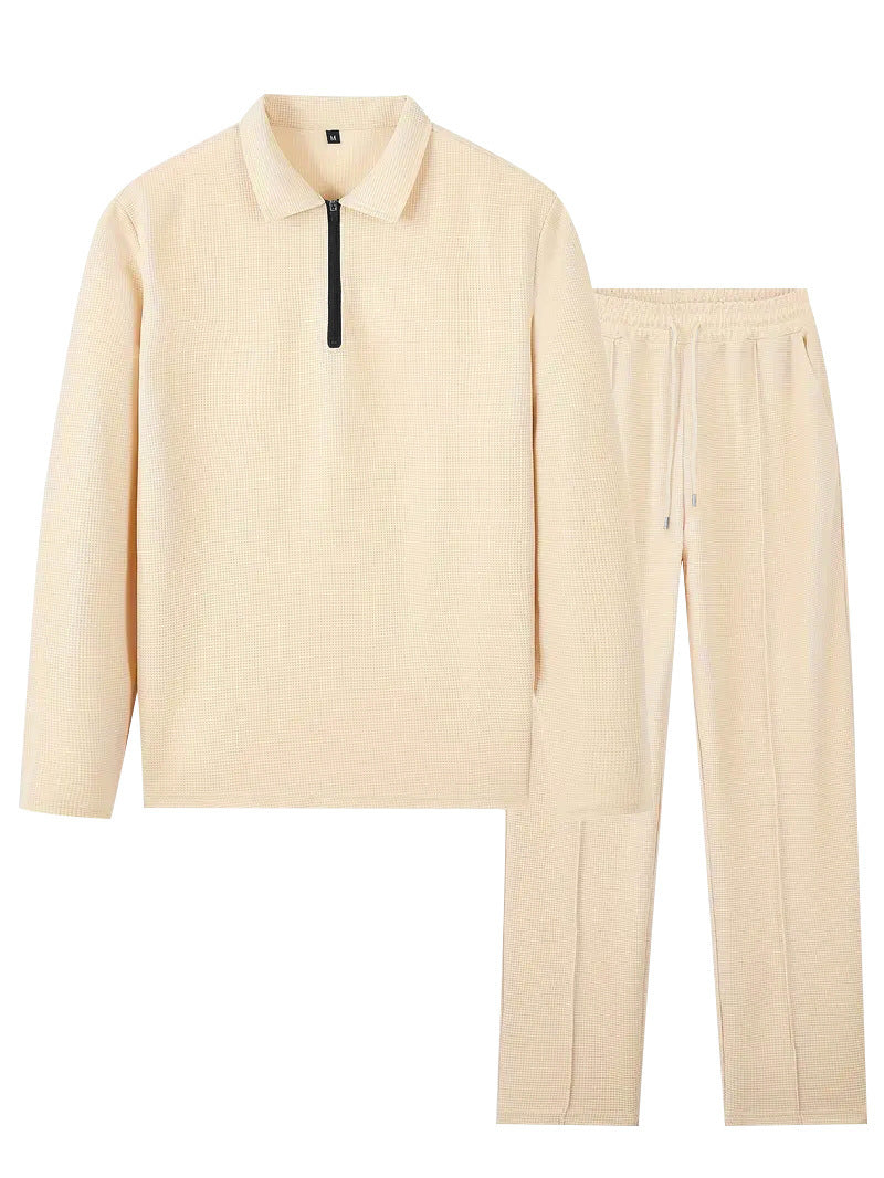 Unisex Nan Waffle Structure Leisure Set with Half-Zip Polo Shirt and Elastic Waist Pants Mune Fashion
