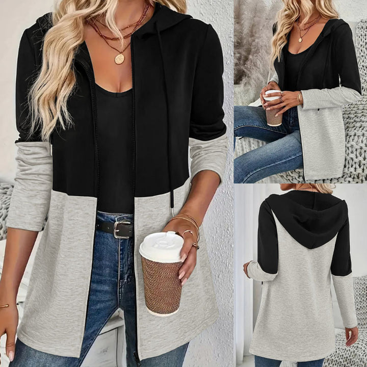Women's hooded sweat jacket with color block, zipper and casual longline silhouette Mune Fashion