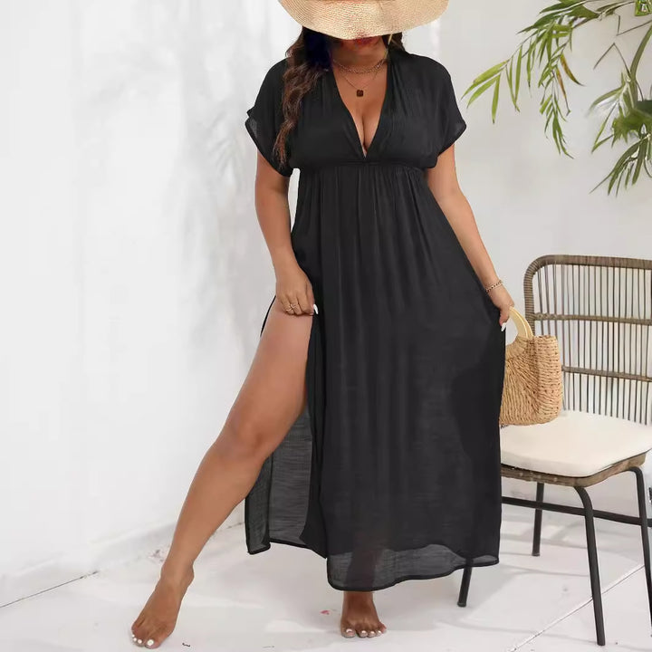 Ladies airy max dress with deep V-neckline and side slits Mune Fashion