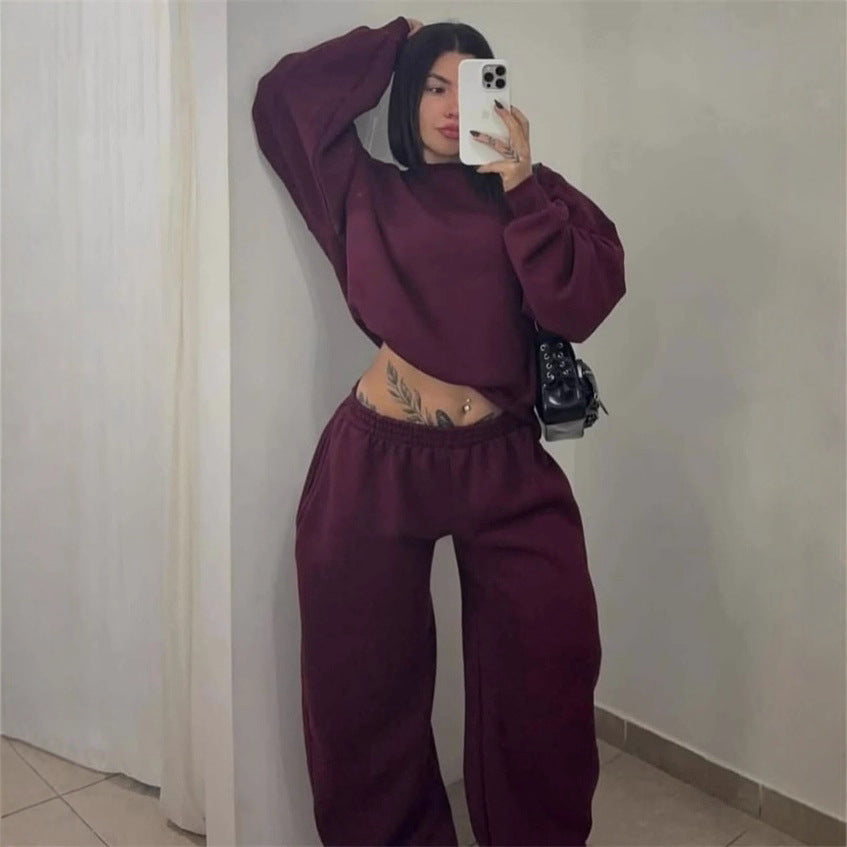 Women's Cropped Sweatshirt with High Round Neck and Elastic Drawstring Wide-Leg Jogging Pants Set Mune Fashion