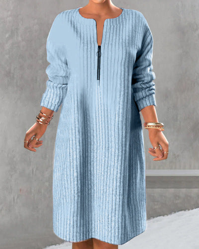 Women’s knitted ribbed tunic dress with half zip and casual A-line Mune Fashion