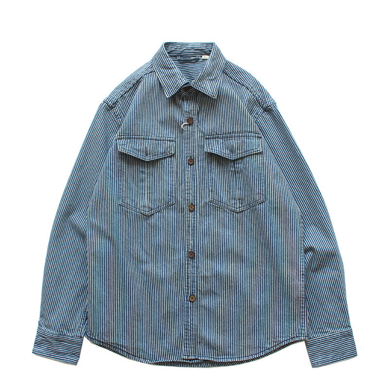 Men Striped Denim Shirt with Chest Pockets Mune Fashion