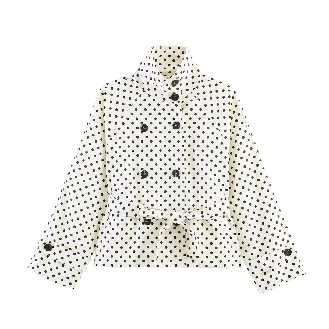 Women's Short Cut Raincoat with Polka Dot Pattern and Tie Belt Mune Fashion
