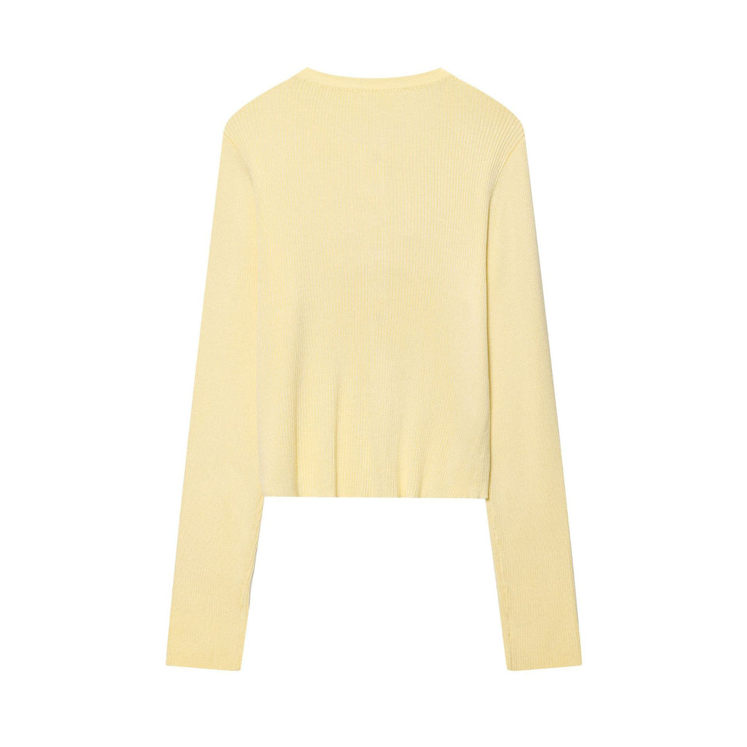 Women Cropped Fine Knit Cardigan with Snap Button Placket and Rib Structure Mune Fashion
