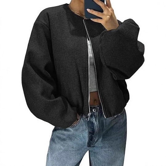 Women's short jacket with continuous zipper, balloon sleeves, and elastic hem Mune Fashion
