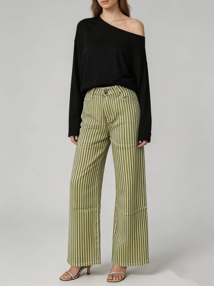Ladies wide High-Waist Palazzo pants with vertical stripe design and quilted knee areas Mune Fashion
