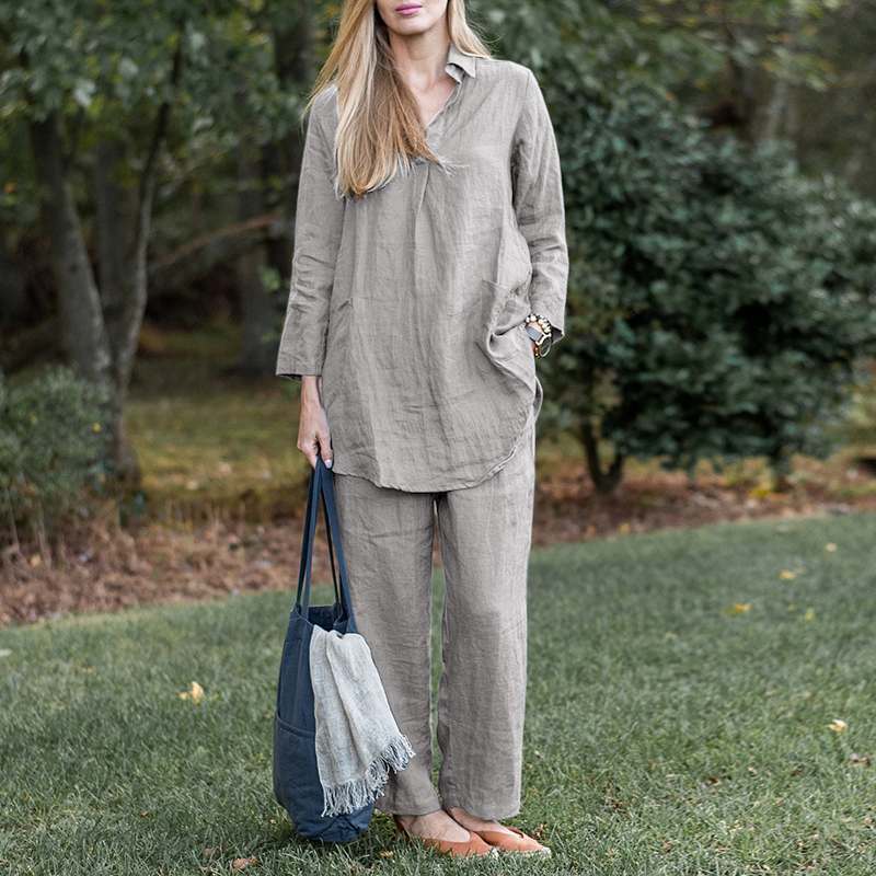 Women's Linen Loungewear Set with Loose Tunic Shirt and Relaxed Palazzo Pants Mune Fashion