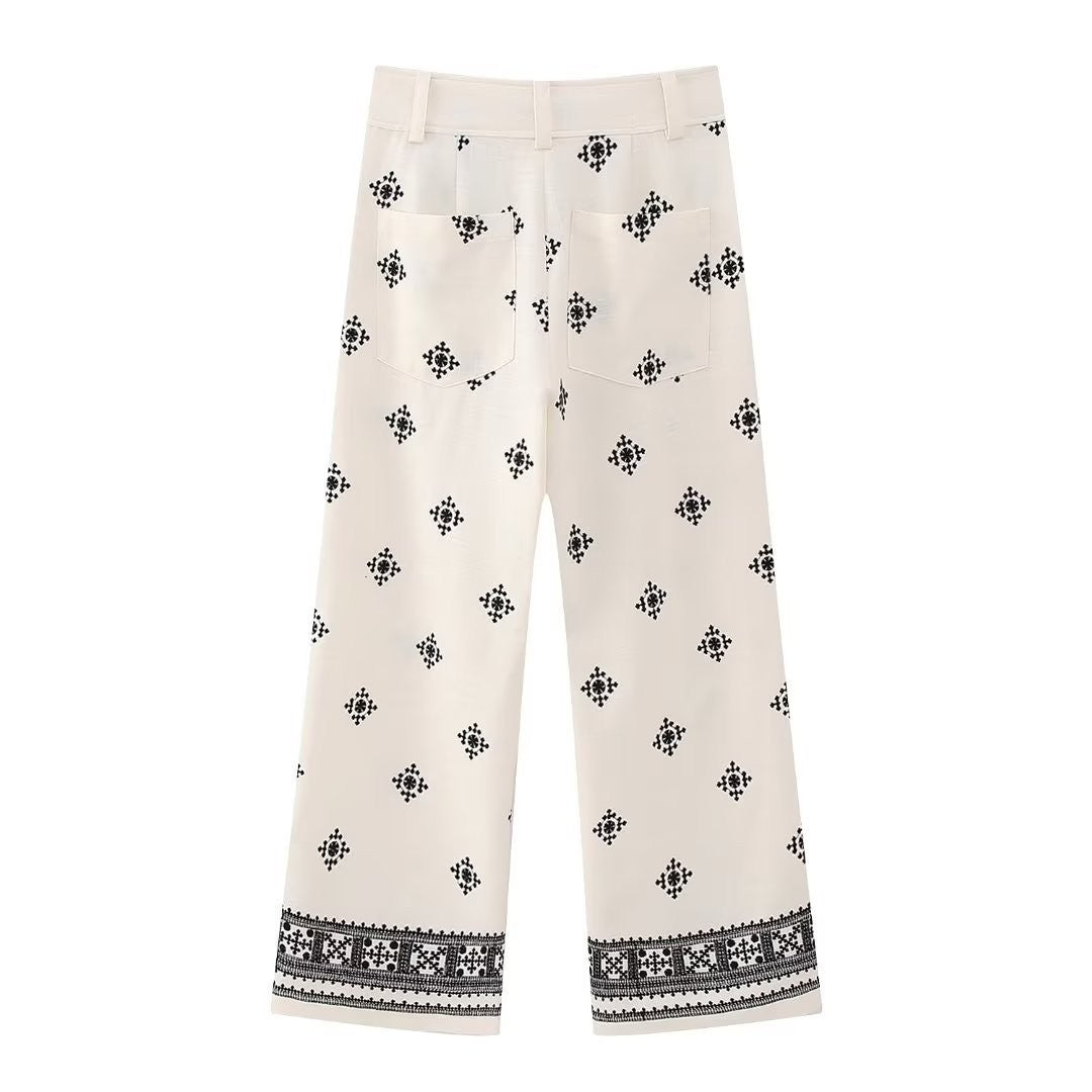 Women Embroidered Culotte Pants with Wide Leg and Border Print Mune Fashion