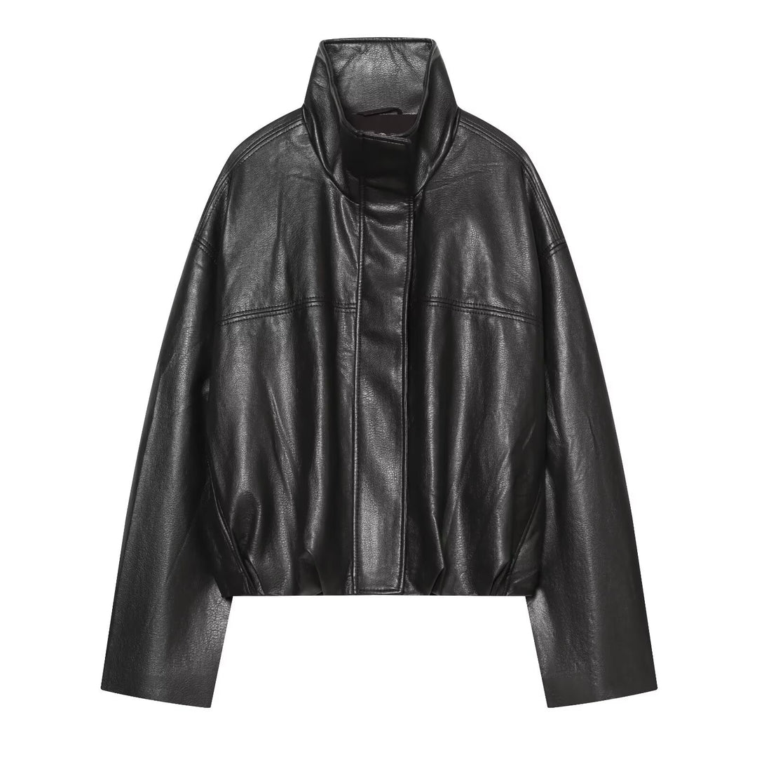 Women's Cropped Boxy Faux Leather Jacket with High Funnel Collar and Concealed Placket Mune Fashion
