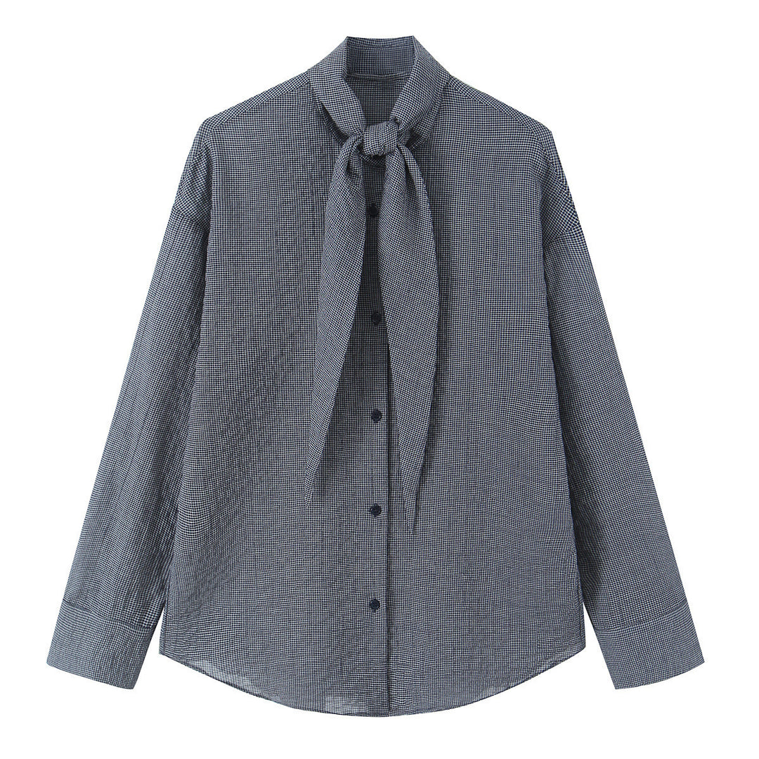 Women's Oversize Blouse with Bow Collar and Fine Vichy Check Mune Fashion