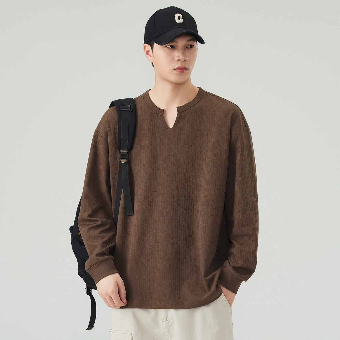 Men's Loose Long Sleeve Shirt with V-Notch Collar and Textured Cotton Blend Mune Fashion