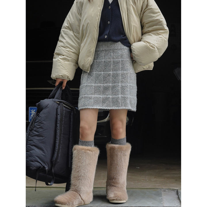 Women's Knitted Check Pattern Mini Skirt with High Waist Mune Fashion
