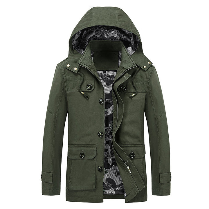 Men's mid-length canvas field jacket with hood, cargo pockets and camouflage lining Mune Fashion
