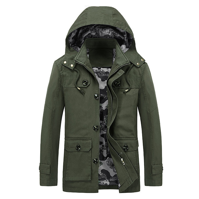 Men's Canvas Field Jacket with Hood, Multifunctional Pockets and Camouflage Lining Mune Fashion