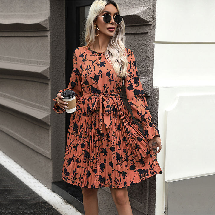 Women's Pleated Midi Dress with Ties, Long-Sleeved A-Line and Floral All-Over Print Mune Fashion