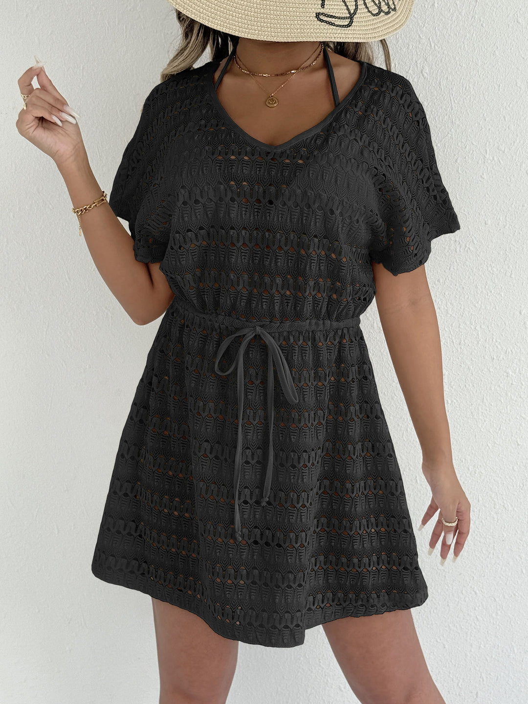 Women's airy crochet beach cover-up with adjustable waist drawstring Mune Fashion
