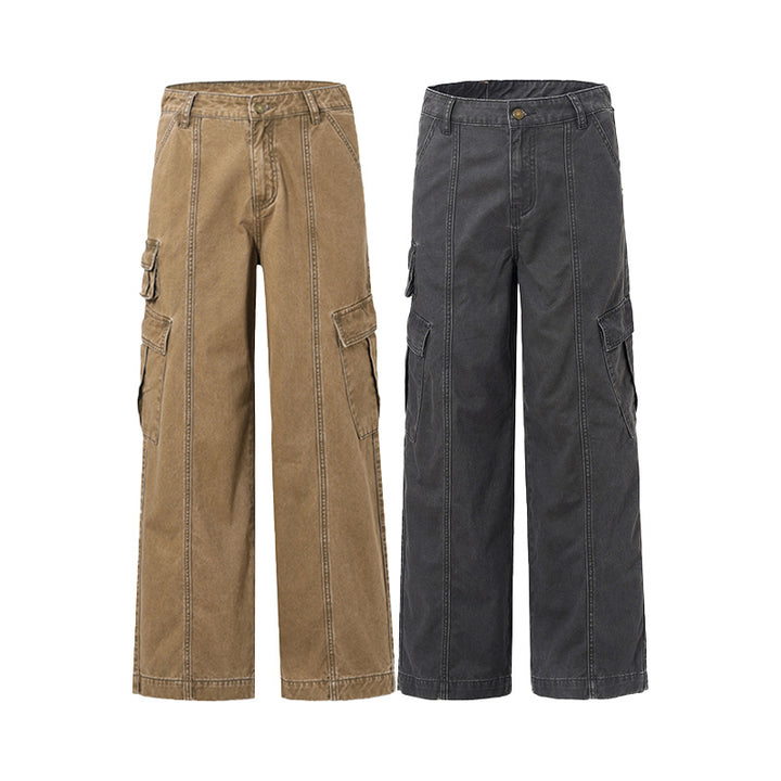 Men's Wide Canvas Cargo Pants in Utility Look with Multiple Pockets and Distinctive Seam Panels Mune Fashion