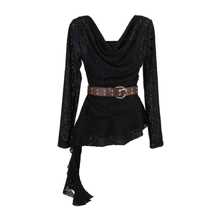 Women's nan draped lace top with asymmetrical pointed hem and waist belt Mune Fashion