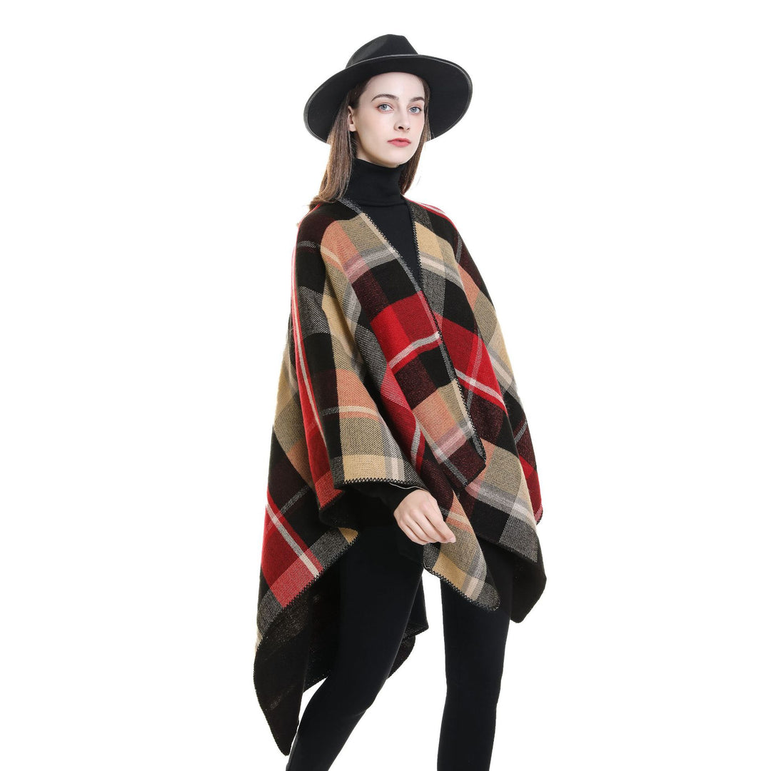 Women's Oversize Rectangle Poncho in Cape Look with Overlock Hem and Check Pattern Mune Fashion