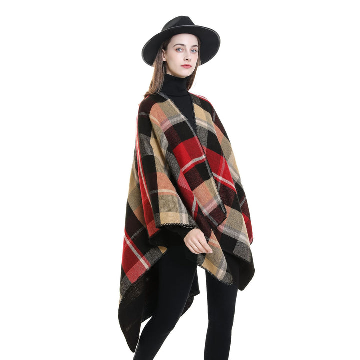 Women's Oversize Rectangle Poncho in Cape Look with Overlock Hem and Check Pattern Mune Fashion