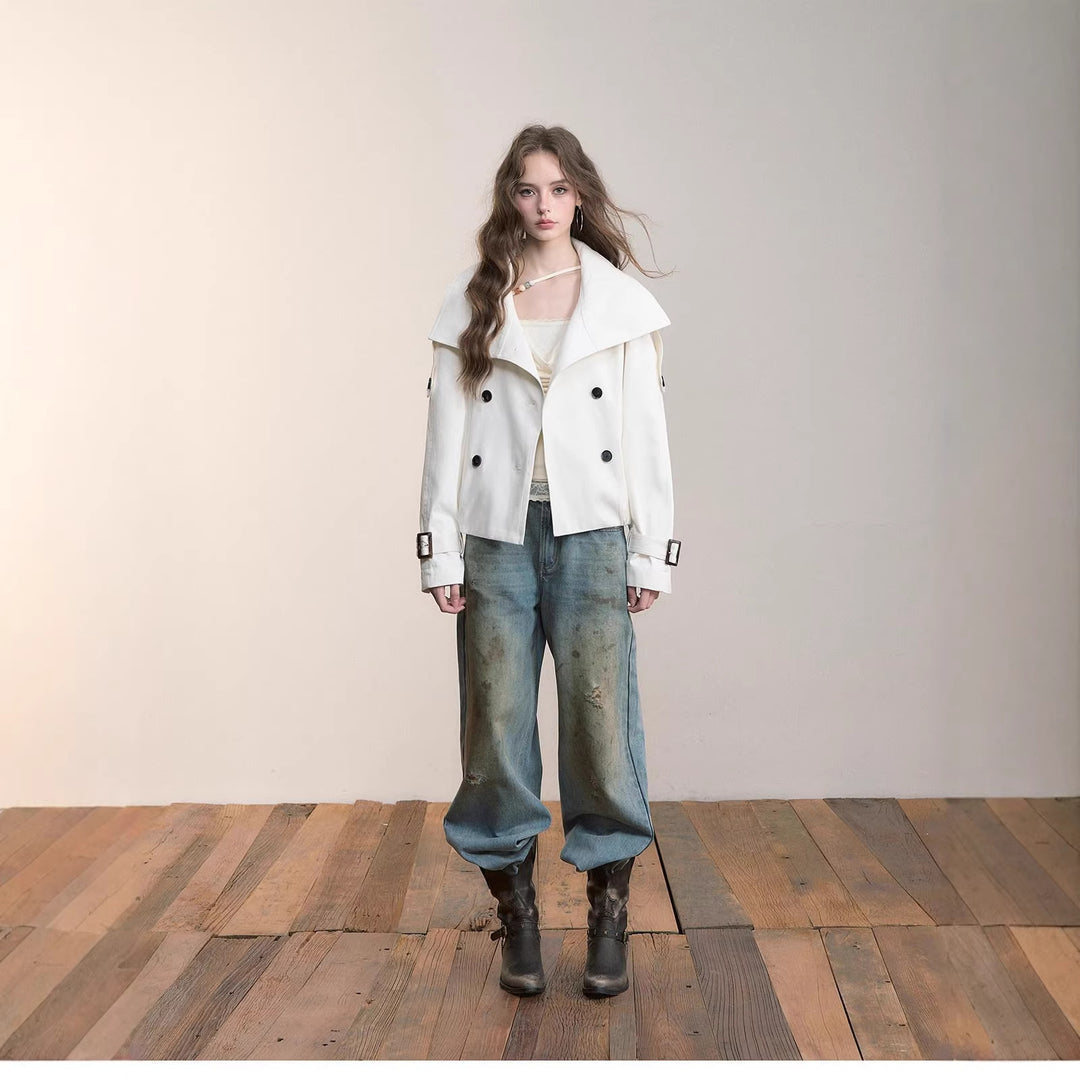 Women Oversized Double-Breasted Trench Bomber Jacket with High Stand-Up Collar Mune Fashion