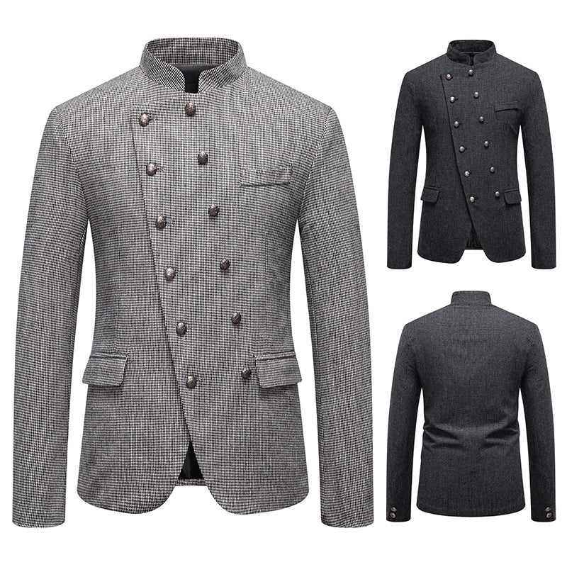 Men's fashionable military blazer with standing collar, decorative button row, and fine texture Mune Fashion