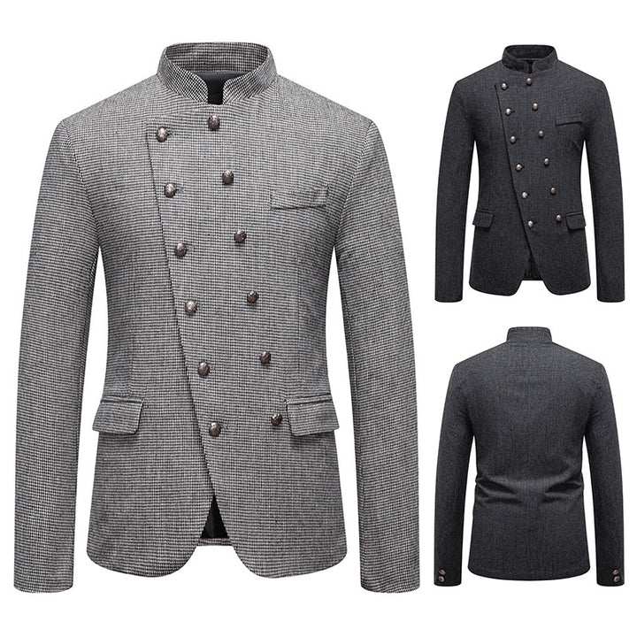 Men's fashionable military blazer with standing collar, decorative button row, and fine texture Mune Fashion