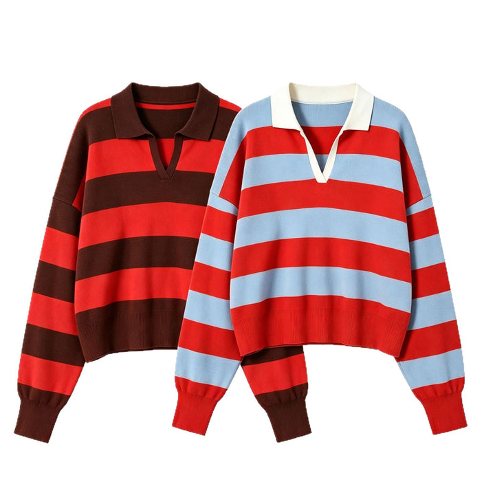 Women Cropped Oversize Rugby Pullover with Polo Collar and Deep V Neck Mune Fashion
