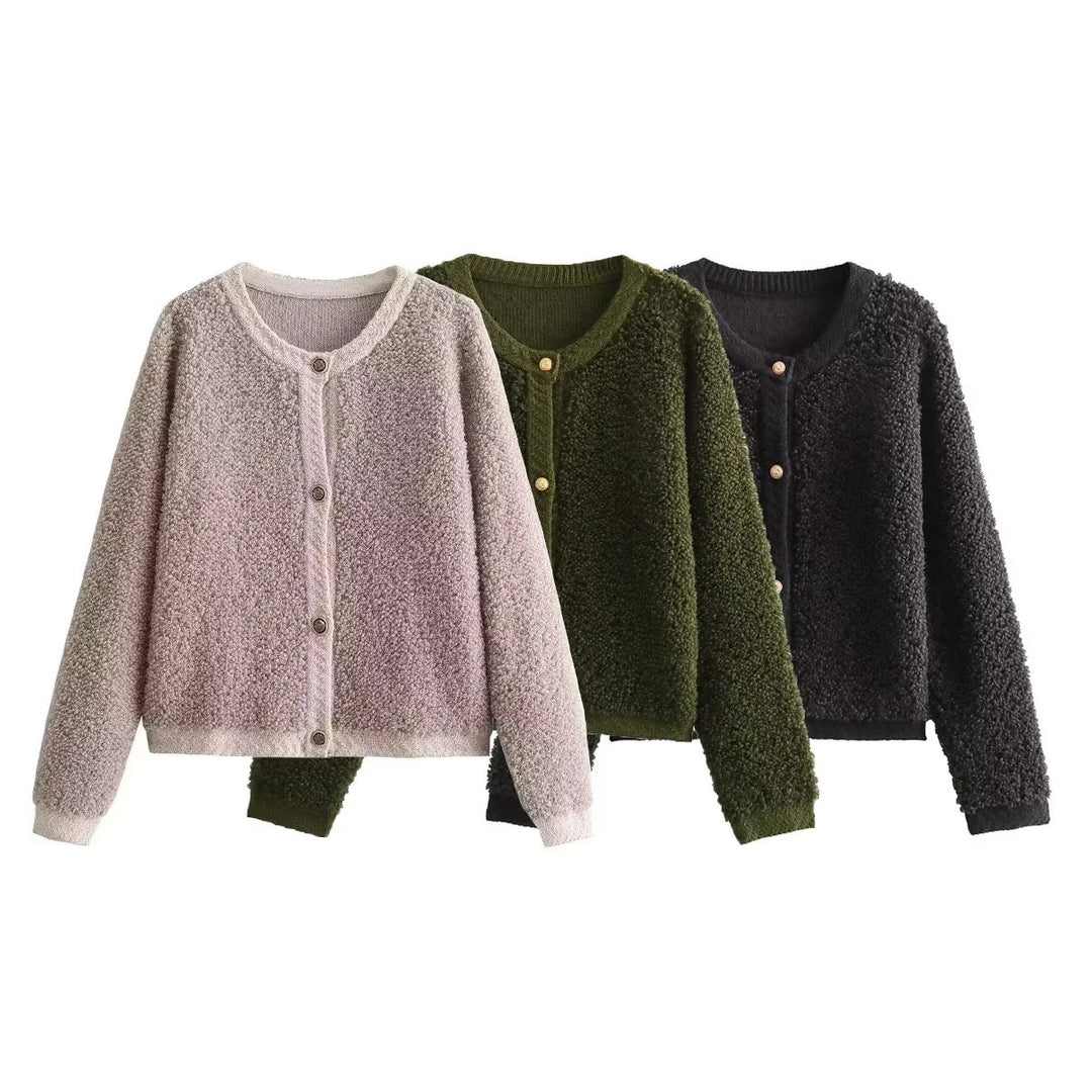 Women Boucle Cardigan with Button Placket and Round Neck Mune Fashion