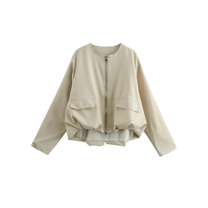 Women Lightweight Cropped Bomber Jacket with Round Neck, Two-Way Zipper and Flap Pockets Mune Fashion