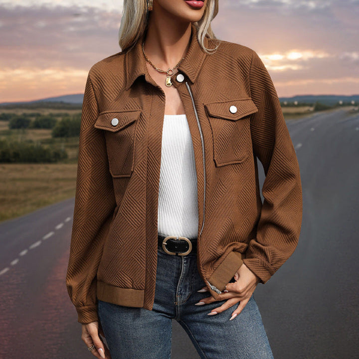 Women's Quilted Transitional Shacket with Flap Pockets, Zipper and Textured Jacquard Fabric