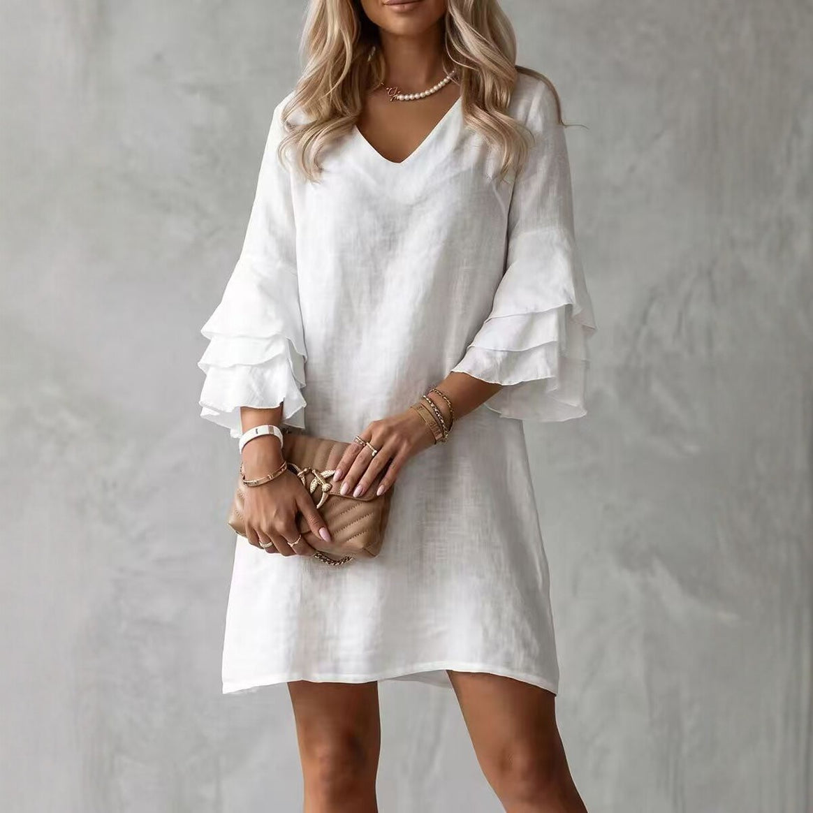 Women's Linen Look Mini Dress with V-Neck and Voluminous Tiered Sleeves Mune Fashion