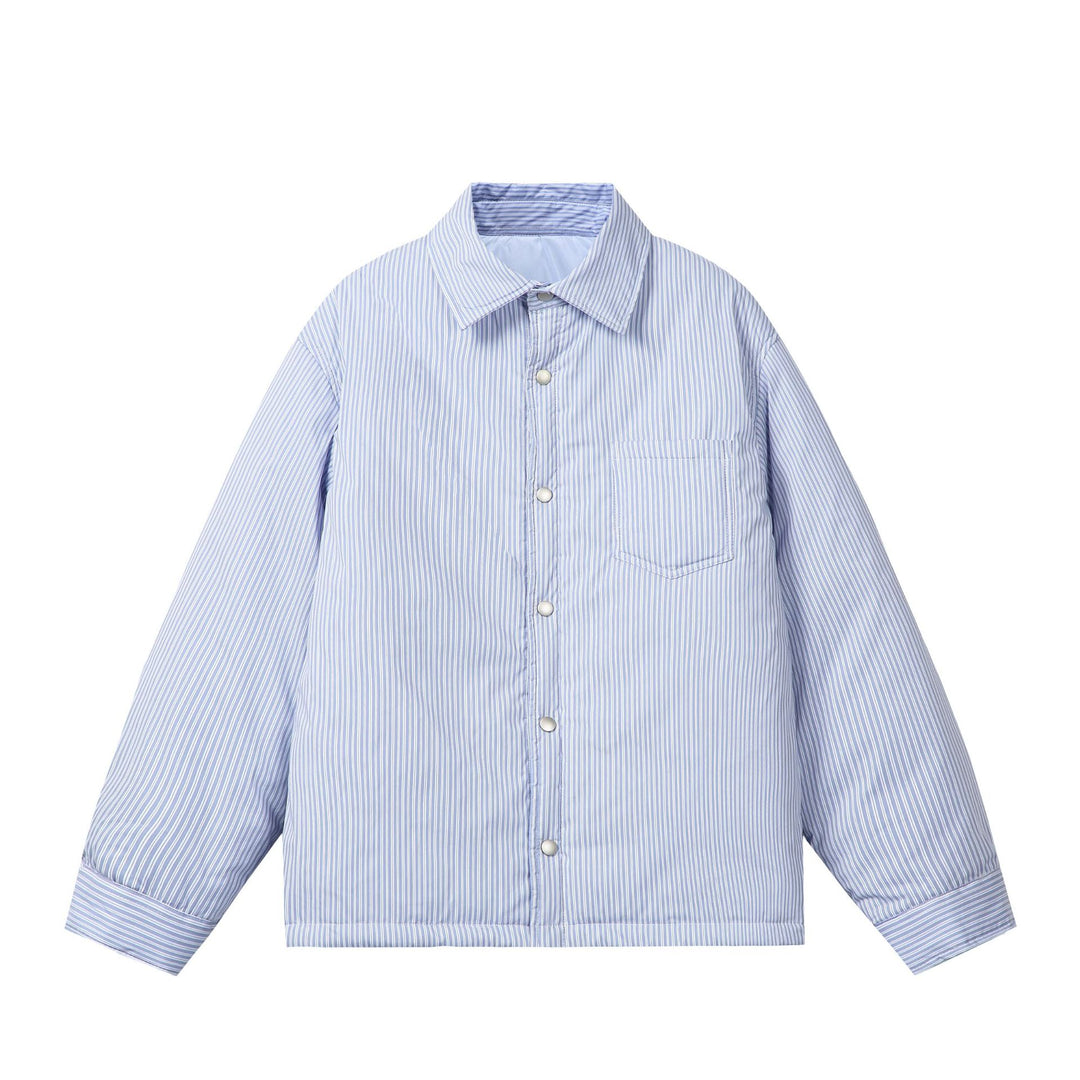 Unisex Striped Boxy Shirt Jacket with Snap Button Placket and Chest Pocket Mune Fashion