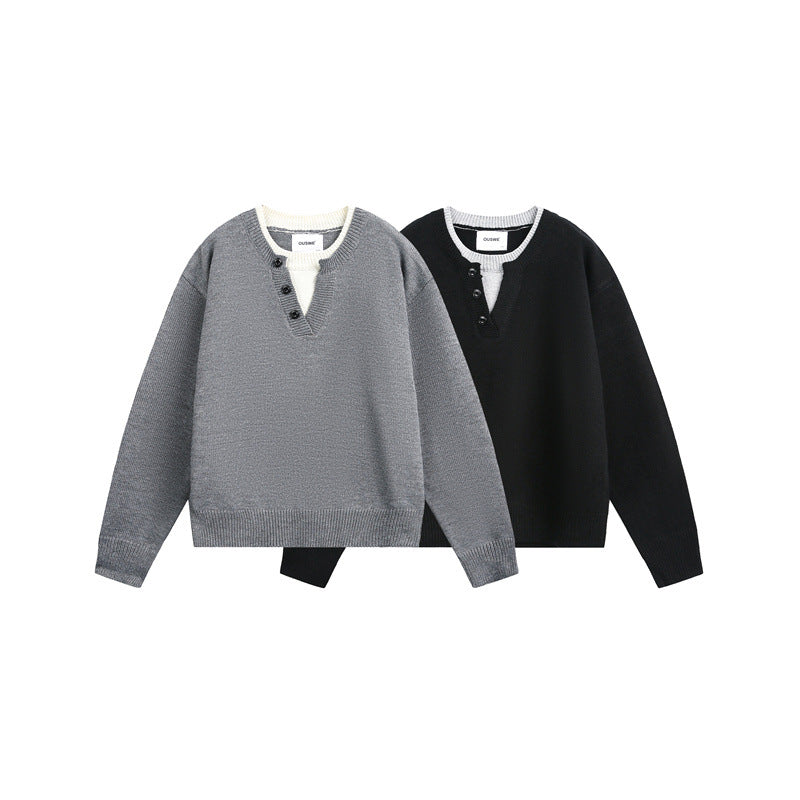 Unisex Chunky Knit Sweater with V-button Placket and Layered Collar Mune Fashion